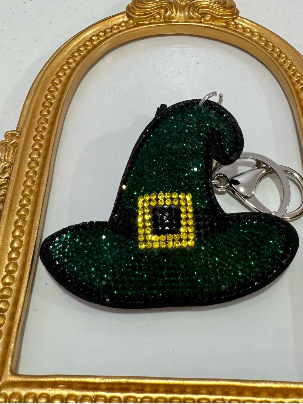 New Sparkling Green Witch Hat Keychain with Rhinestone Buckle